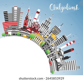 Chelyabinsk Russia city skyline with color buildings, blue sky and copy space. Vector illustration. Chelyabinsk cityscape with landmarks. Tourism concept with modern and historic architecture.