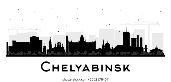 Chelyabinsk Russia city skyline silhouette with black buildings isolated on white. Vector illustration. Chelyabinsk cityscape with landmarks. Tourism concept with modern and historic architecture.