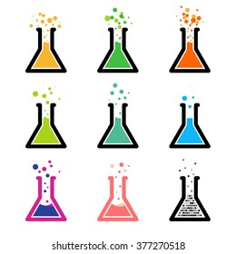 Chem logo. Test tubes with colored reagent. Chemical reaction. Laboratory experiment. 