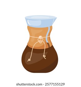 Chemex coffee maker. Flat vector illustration of glass vessel with conical shape and wooden collar for filter coffee. Elegant Design drip coffee brewing for website, banner or merchandise product