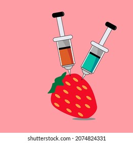 Chemical additives in food or genetically modified fruit concept. strawberry with syringes of chemicals. 