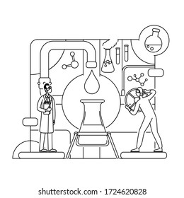 Chemical analysis thin line concept vector illustration. Lab workers, chemists 2D cartoon characters for web design. Scientists experimenting with reagent. Pharmaceutical research creative idea