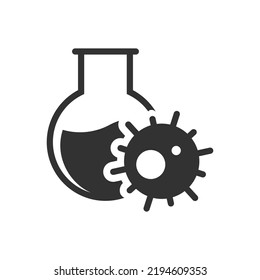 Chemische Analyse auf Viren Symbol. Erstellen Sie einen Impfstoff. Kolben und Virus. Einfarbiges schwarz-weißes Symbol. Vektorgrafik