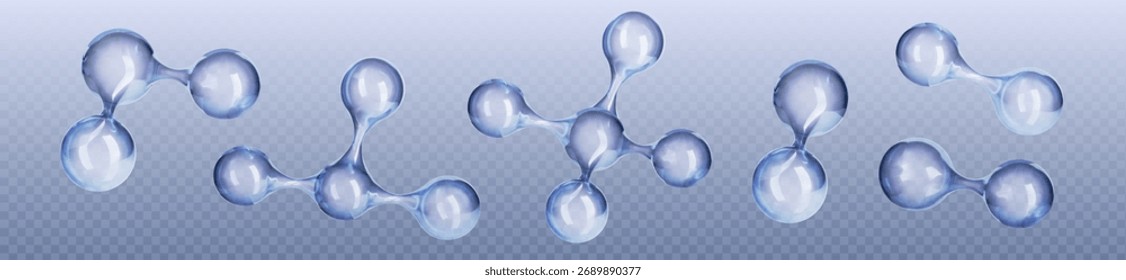 Chemical atom 3d molecular structures with blue transparent spheres connected by bonds for science illustrations. Glass molecules and chains floating in space for chemistry or biology projects.