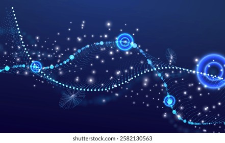 Chemical banner vector. DNA genome waves, future connect innovation design. Science biology chromosome molecule background. Technology ai genetic code particles dots banner.