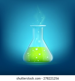 Chemical beaker with green liquid. Vector Image.