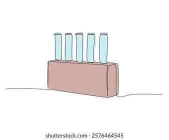 Chemical beaker, test tubes, volumetric flask, beaker, chemistry lessons one line color art. Continuous line drawing of knowledge, cognition, school, education university