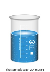 Chemical beaker with water solution and bubbles, laboratory glassware, 3D Illustration, isolated on white background, vector, eps 10