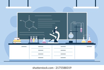 Chemical or biological laboratory. Place for scientific research or lessons at school or university. Test tubes with liquids, reagents and substances and microscope. Cartoon flat vector illustration