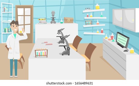 Chemical and biological laboratory with test tubes, flasks and microscopes. Research and invention of vaccines. Viral disease. Epidemic.