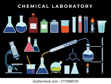 Chemical, biological pharmaceutical science lab research, analysis, experiment tools. Isolated illustration with flasks, test tube, beaker, burner on dark background