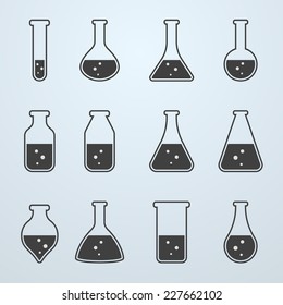 Chemical, biological science laboratory equipment - test tubes and flasks icons