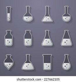 Chemical, biological science laboratory equipment - test tubes and flasks icons