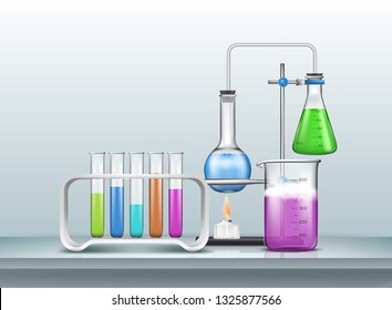 Chemical, biology research experiment or test 3d realistic vector with laboratory graduated glassware filled with color reagents, lab flasks connected with pipe, heating by alcohol burner illustration