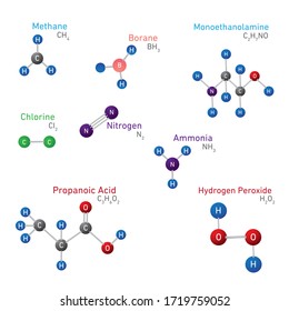 Chemical Bond Set Structural Chemical Formula Model. Methane, Borane, Monoethanolamine,  Ammonia, Chlorine, Propanoic Acid, Nitrogen, Hydrogen Peroxide 