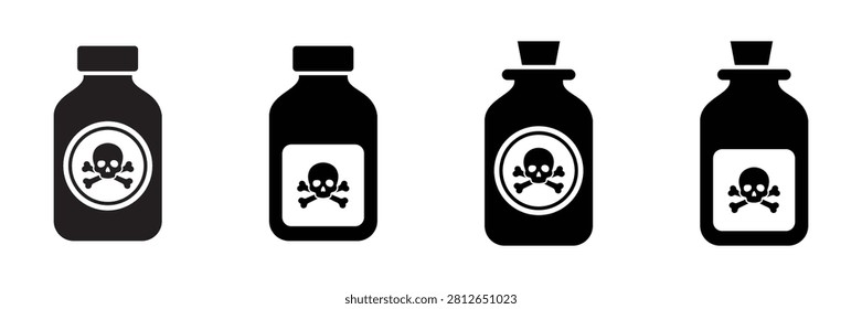 Chemical Bottle Icon Set with Hazard Warning Symbols, Poison Container Vector Collection in Silhouette
 Style
