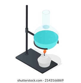 Botella química en el soporte. El matraz de la vara se calienta con reactivos azules, comprobando la interacción de las moléculas a alta temperatura. Experimento científico en laboratorio. Ilustración vectorial isométrica de dibujos animados