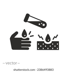 ícono de piel de quemadura química, mano ardiente, golpe ácido en la mano, símbolo plano sobre fondo blanco - ilustración del vector de trazo editable