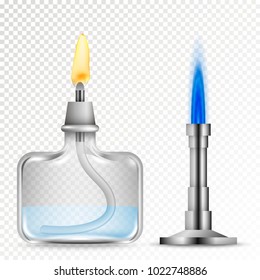 Chemical burners with flames isolated on white background. Realistic vector illustration.