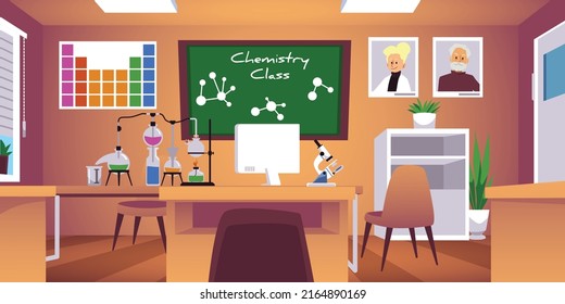 Chemical classroom in school or university background, flat vector illustration. Chemistry empty class or laboratory interior with furniture and school supplies.