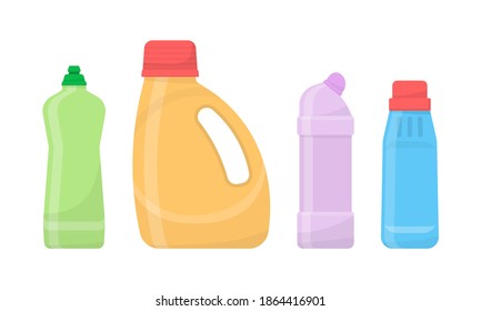 Chemical clean bottles. Cleaning supplies products, plastic detergents containers. House cleaning tools bottles and boxes pack isolated on white background. Flat design. Vector illustration, eps 10.