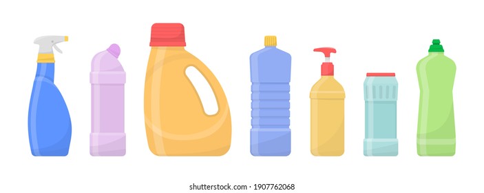 Chemical clean bottles. House cleaning tools bottles and boxes pack isolated on white background. Flat design. Cleaning supplies products, plastic detergents containers. Vector illustration, eps 10.