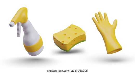 Frasco, esponja y guantes para la protección de las manos. Colección de productos para limpieza en casa en colores amarillos. Ilustración vectorial en estilo 3d