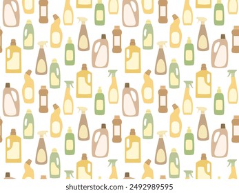 Chemical clean washing products seamless pattern. Colored sanitizer, spray, detergent bottles. Cleaning service background. Flat design containers. Pattern for package, print