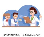 Chemical club for children flat vector illustration. Advanced chemistry study. Popularization of science for kids. Interest classes. Girl and boy with teacher conducting experiment cartoon characters