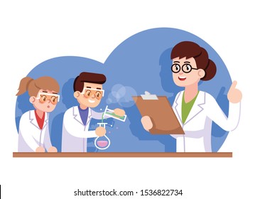 Chemical club for children flat vector illustration. Advanced chemistry study. Popularization of science for kids. Interest classes. Girl and boy with teacher conducting experiment cartoon characters