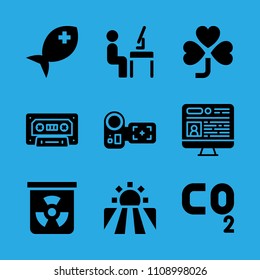 chemical, co, field, workspace, clover, camcorder, television, cassette and fish vector icon. Simple icons set