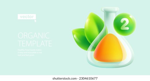 Chemical cone flask with liquid, green leaves, and notification sphere. Eco illustration. Realistic Vector 3D render in cartoon plastic style. Agriculture, Botany, Survey laboratory art for web banner