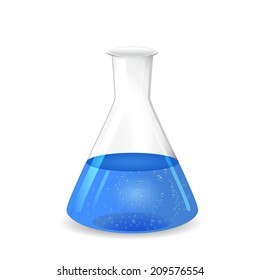 Chemical conical flask with blue solution - lab glassware, 3d illustration, isolated on white background, vector, eps 10