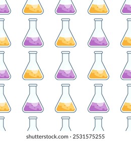 Chemical conical flask with colored liquid. Pattern with flasks and reagents. Seamless Texture Pattern by Chemistry