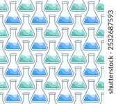 Chemical conical flasks with colored liquid. Pattern with flasks on the theme of chemistry. Infinite texture