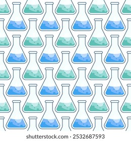 Chemical conical flasks with colored liquid. Pattern with flasks on the theme of chemistry. Infinite texture