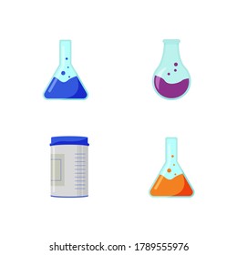 Contenedores químicos conjunto de objetos vectoriales de color plano. Matraz con fluidos para experimentación. Prueba de farmacia. Ilustración cartográfica aislada bioquímica para el diseño gráfico web y la colección de animación