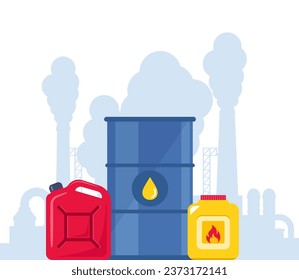 Chemical containers, jerrycan, barrel. Plastic bottle with flammable liquid. Highly polluting factory plant with smoking towers and pipes on background. Ecology, environmental pollution. Vector