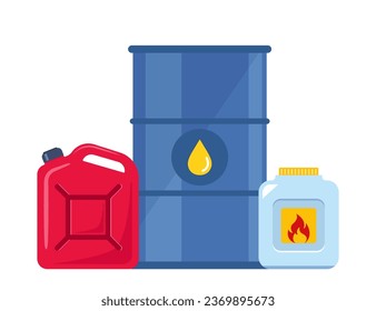 Chemical containers, jerrycan, barrel. Steel storage cask for oil fuel. Gas and petroleum cask. Plastic bottle with flammable liquid. Vector illustration