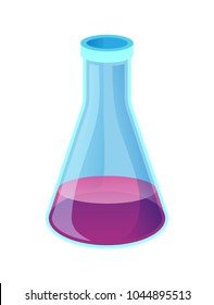Chemical conus shape flask with purple liquid inside vector illustration icon isolated on white background. Laboratory reservoir made of glass