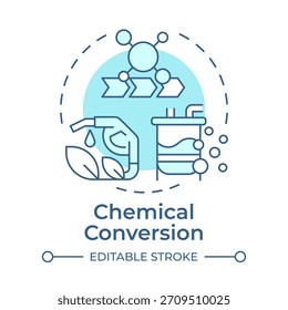 Icono de concepto azul suave de conversión química. Reacción química, producción de biocombustibles. Procesamiento de biomasa. Ilustración de línea de forma redonda. Abstractas idea. Diseño gráfico. Fácil de usar en el artículo, folleto