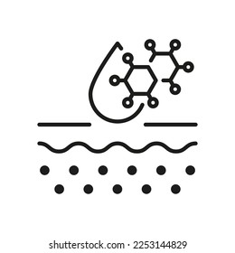 Chemical Cosmetic for Skincare Linear Pictogram. Dermatology, Cosmetology Ingredient Outline Icon. Hyaluronic Acid Molecule on Skin Structure Line Icon. Editable Stroke. Isolated Vector Illustration.