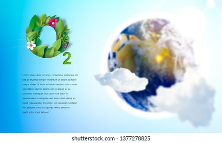 Chemical designation of oxygen O2 from flowers and leaves against the background of the planet Earth and sky