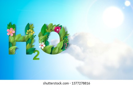 Chemical designation of water H2O from flowers and leaves against the blue sky, the sun and clouds