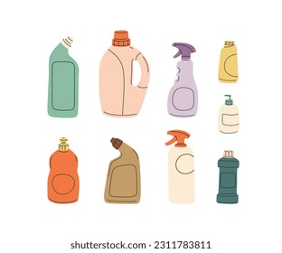 Chemical detergents in plastic bottles. Home cleaning products, household liquids for cleanup, washing, cleansing in different packages, packs. Flat vector illustration isolated on white background