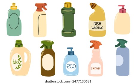 Chemical detergents in plastic bottles. Home cleaning products, household liquids for cleanup, washing, cleansing in different packages, packs. Flat vector illustration isolated on white background