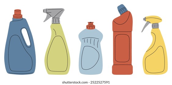 Chemical detergents in plastic bottles. Home cleaning products, household liquids for cleanup, washing, cleansing in different packages, packs. Flat vector illustration isolated on white background