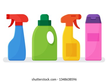 Chemical detergents. Set of colorful bottles cleaning agent. Vector illustration