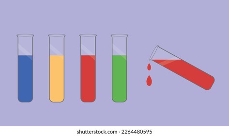 El químico está cayendo y diferentes químicos a color en diferentes tubos de ensayo con sustancias químicas de color amarillo rojo cayendo como gota de sangre y tubo de análisis de sangre. Diferentes drogas en anaranjado y azul de tubo de ensayo
