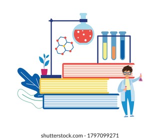 Chemical education at school or University. A student or scientist with a test tube in his hands near books and tripods with test tubes. Vector illustration on a white background.